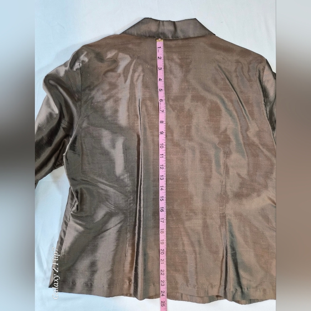 Allion Taylor Gold Silk Satin Band Collar V-Neck Blouse - Long Sleeve - Picture 6 of 7